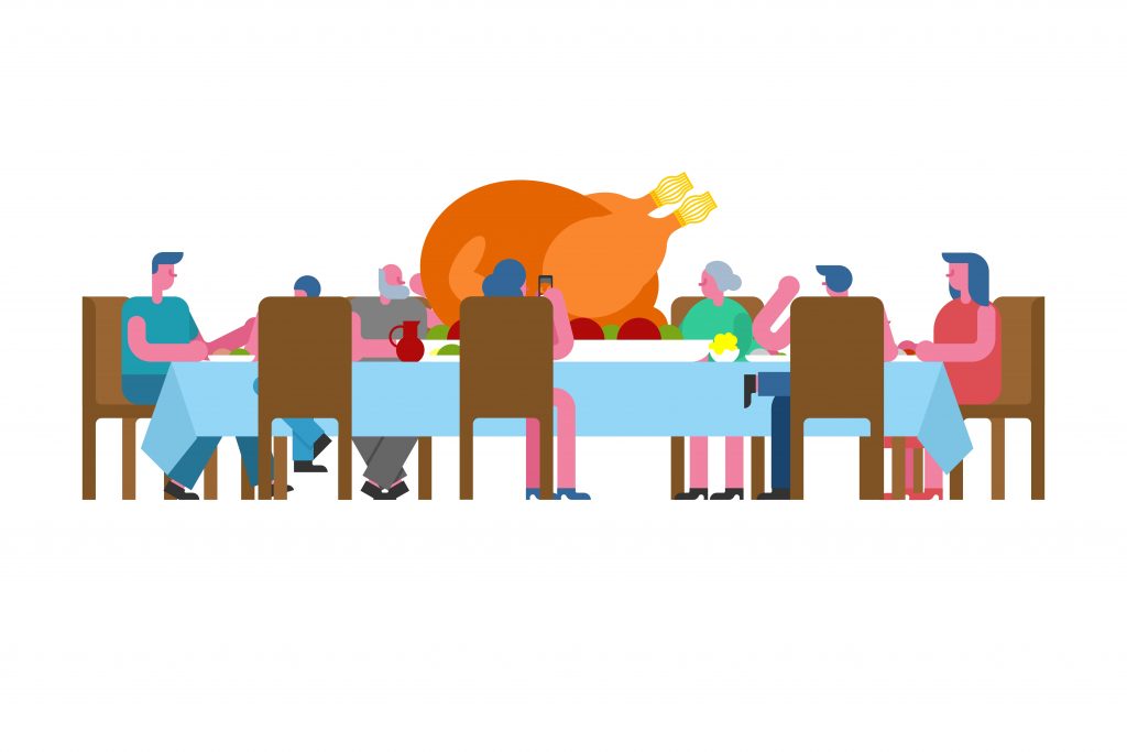 Tegning: Et langbord med mennesker, der er til middag - der er en stor kalkunsteg på bordet